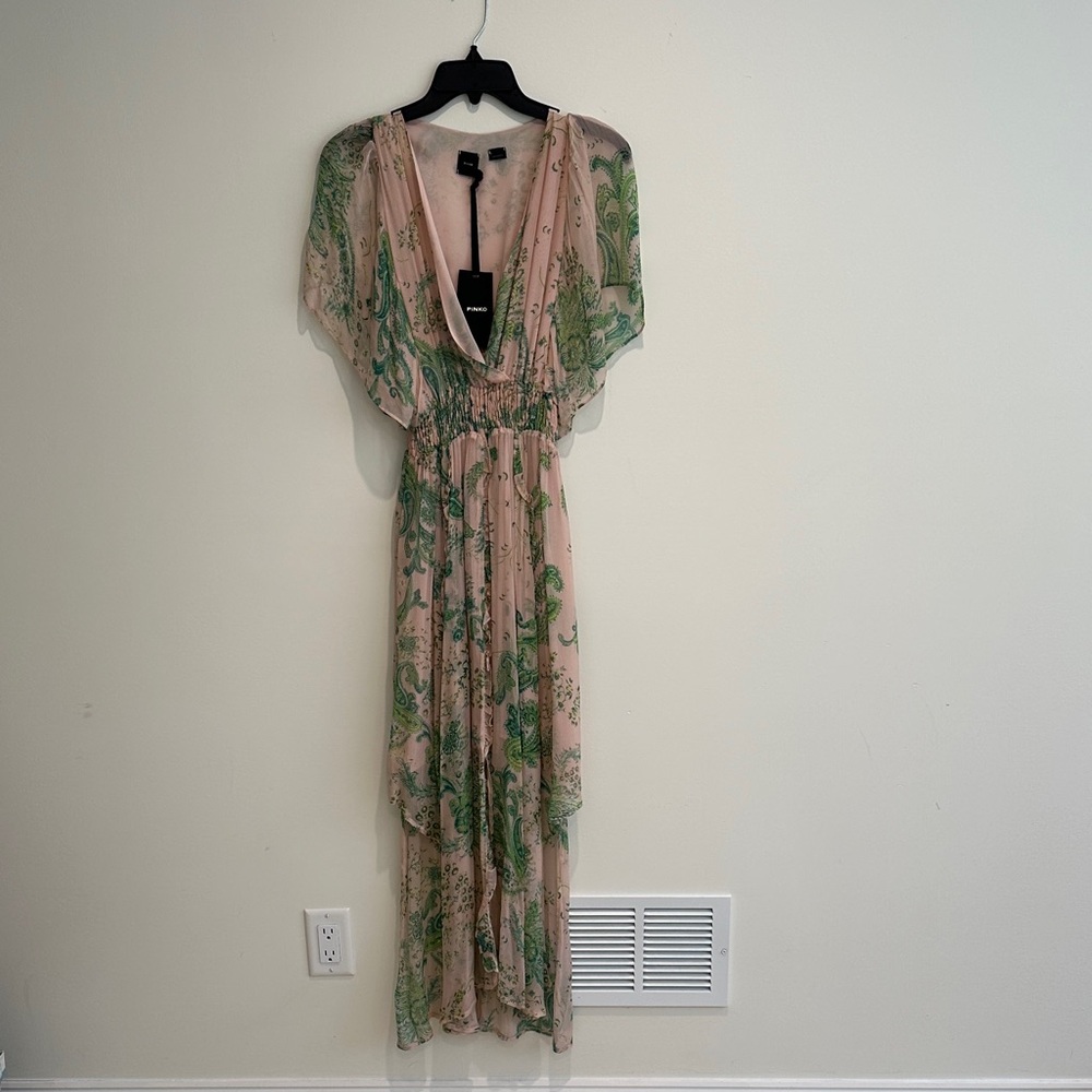 NWT PINKO Blush Maxi Dress with Green Paisley Print - Size 42 (US 6 or M)